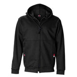 The Saf-Tech FR 11oz UltraSoft Zippered Front Hoodie Black HSWZ3870, engineered from flame-resistant fabric, showcases a hood and two front pockets. This fashionable garment ensures safety with NFPA 2112 compliant electric arc flash protection while providing superior comfort. It's presented against a plain white backdrop for a modern and elegant look.