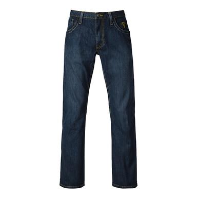 The Saf-Tech FR 13oz Denim Low Rise/Boot Cut Designer Jean LRBT3520, in a dark blue Indura denim fabric, boasts a timeless straight-leg silhouette. Compliant with NFPA 2112 standards, these jeans include both front and back pockets and are showcased against a simple white background.