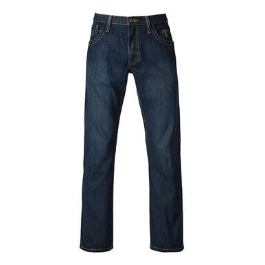 Presenting the Saf-Tech FR 13oz Denim Low Rise/Boot Cut Designer Jean LRBT3520, a classic offering in blue Indura denim with a boot-cut style. It showcases both front and back pockets with visible stitching along the seams and is set against a plain white background. These flame-resistant jeans comply with NFPA 2112 standards, ensuring safety without compromising on design.