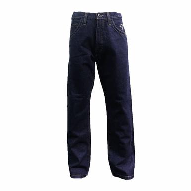 The Saf-Tech 13oz Indura Denim Relaxed Fit Designer Jean RXDJ3520, crafted from flame-resistant denim in a dark blue hue, offers a classic fit with convenient front and back pockets. Perfect for workwear, these jeans are presented against a white background.