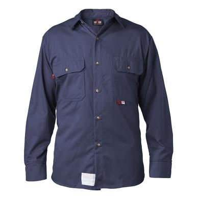 Introducing the Saf-Tech Nomex 4.5 oz FR Navy Work Shirt WSHRT1525, made by Saf-Tech. This shirt is designed with flame-resistant Nomex IIIA fabric and features a button closure, two chest pockets, and a small red tag on one of the pockets. It meets NFPA 2112 standards for flame resistance while offering style with its collar and buttoned cuffs.