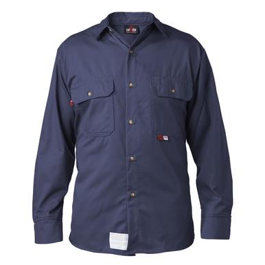 The Saf-Tech Nomex 4.5 oz FR Navy Work Shirt WSHRT1525, from the brand Saf-Tech, is a NFPA 2112 rated long-sleeve button-up shirt made from flame-resistant Nomex IIIA fabric. It features two front pockets with flaps and buttons, secure button cuffs, and several visible tags at the bottom and above one pocket.