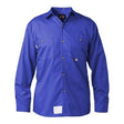 The Saf-Tech UltraSoft 7oz FR Work Shirt, also known as the Royal Blue WSHRT3200, is a long-sleeved work shirt designed with buttoned cuffs and two chest pockets. It is crafted with Nomex thread and features a collar, front buttons, and a small logo tag on the chest to ensure added durability in flame-resistant conditions.