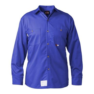 The Saf-Tech UltraSoft 7oz FR Work Shirt in Royal Blue, labeled as WSHRT3200, is a long-sleeve button-up crafted for durability with Nomex thread. It features two chest pockets and brown buttons, with a label near the lower hem. The shirt is displayed against a white background.