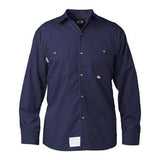 The Saf-Tech UltraSoft 7oz FR Work Shirt in navy, model WSHRT3225, is displayed facing forward on a white background. It features flame-resistant protection crafted from Nomex, two chest pockets with brown buttons, a small red tag near the pocket, and a white label at the bottom.