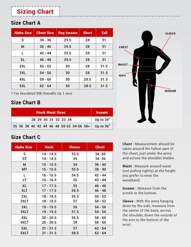 A sizing chart is available for the Saf-Tech UltraSoft 7oz FR Work Shirt Navy WSHRT3225, divided into three sections (A, B, C) that detail measurements for chest, waist, hip, and inseam. The chart includes a silhouetted figure illustrating where to measure your chest, sleeve, waist, hip, and inseam. This is ideal for ensuring your Saf-Tech gear fits perfectly.