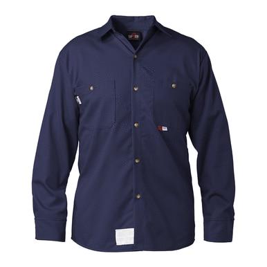 Introducing the Saf-Tech UltraSoft 7oz FR Work Shirt Navy WSHRT3225 by Saf-Tech, a long sleeve button-up shirt designed with flame-resistant Nomex. It features front pockets, a classic collar, and visible stitching details. The shirt includes multiple button closures both down the front and on the pockets, ensuring extra safety in hazardous environments.