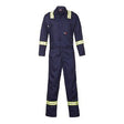 The Saf-Tech 7oz Contractor Coverall with Reflective XCJS0825R is a navy blue flame-resistant coverall, featuring bright yellow stripes on the shoulders, arms, cuffs, and ankles. It includes a front zipper and multiple pockets for convenience.