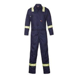 The Saf-Tech 7oz Contractor Coverall with Reflective XCJS0825R is a navy blue flame-resistant coverall, featuring bright yellow stripes on the shoulders, arms, cuffs, and ankles. It includes a front zipper and multiple pockets for convenience.