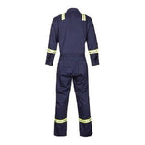 The image displays the back view of the Saf-Tech 7oz Contractor Coverall with Reflective XCJS0825R in navy blue, featuring reflective yellow stripes on the shoulders, sleeves, and around the legs.