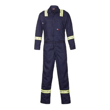 The Saf-Tech 7oz Contractor Coverall with Reflective XCJS0825R, by Saf-Tech, is a navy blue flame-resistant coverall featuring yellow stripes on the arms, legs, and shoulders, designed to provide safety and visibility in work environments.