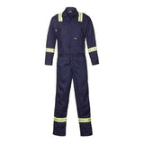 The Saf-Tech 7oz Contractor Coverall with Reflective XCJS0825R, by Saf-Tech, is a navy blue flame-resistant coverall featuring yellow stripes on the arms, legs, and shoulders, designed to provide safety and visibility in work environments.