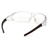 Pyramex Fyxate H2X Anti-Fog Safety Glasses by Pyramex Safety feature transparent lenses, a clear frame, and black curved temples, providing reliable impact protection for work or lab environments. Box of 12.
