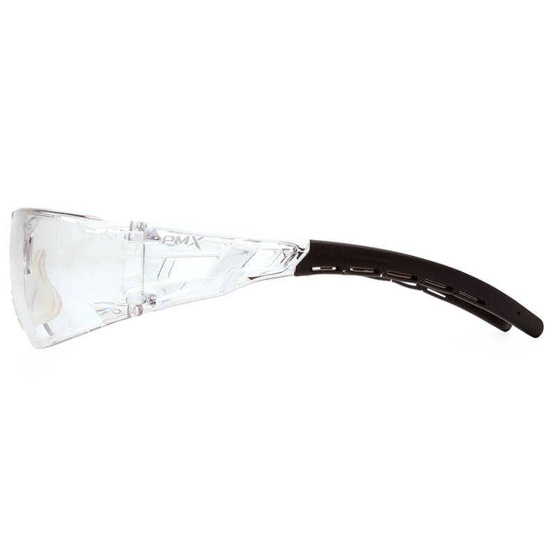 Pyramex Safety Fyxate H2X Anti-Fog Safety Glasses (SB102_0ST) feature a transparent frame, black curved temple arms, and wraparound lenses for excellent impact protection. Sold 12 per box. Side view shown.