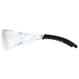 Pyramex Safety Fyxate H2X Anti-Fog Safety Glasses (SB102_0ST) feature a transparent frame, black curved temple arms, and wraparound lenses for excellent impact protection. Sold 12 per box. Side view shown.