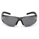 Pyramex Fyxate H2X Anti-Fog Safety Glasses by Pyramex Safety feature black wraparound frames, dark wide lenses, and curved arms for sport or outdoor use—offering impact protection and dielectric safety. Shown front view on white.