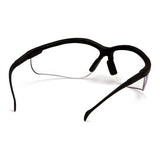 A box of Pyramex Venture II Safety Glasses by Pyramex Safety features black frames, clear lenses, and a rear view showing curved side arms, nose pads for comfort, and built-in UV protection for reliable eye safety.