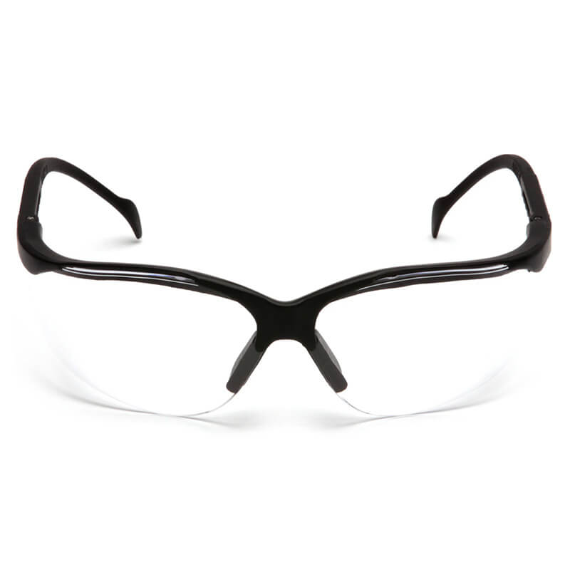 Introducing the Pyramex Venture II Safety Glasses, featuring clear lenses with a black frame in a sleek design. The curved lenses provide UV protection and maintain a lightweight, modern look for optimal eye safety. Available as 12 per box from Pyramex Safety.