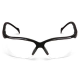 Introducing the Pyramex Venture II Safety Glasses, featuring clear lenses with a black frame in a sleek design. The curved lenses provide UV protection and maintain a lightweight, modern look for optimal eye safety. Available as 12 per box from Pyramex Safety.