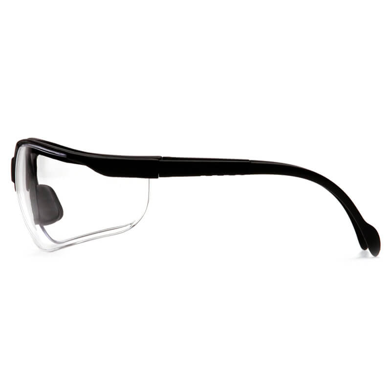 Side view of Pyramex Venture II Safety Glasses shows black frames with clear, curved lenses offering UV protection, featuring a sleek design with padded temples and nose for comfort. Brand: Pyramex Safety. Pack of 12/box.