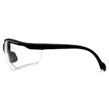 Side view of Pyramex Venture II Safety Glasses shows black frames with clear, curved lenses offering UV protection, featuring a sleek design with padded temples and nose for comfort. Brand: Pyramex Safety. Pack of 12/box.