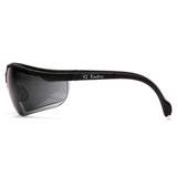 Side view of Pyramex Venture II V2 Reader Safety Glasses with wraparound dark-tinted lenses and thick arms. The arm displays "V2 Readers" in white text. Brand: Pyramex Safety. Packed 6 per box.