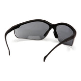 Pyramex Venture II Safety Glasses by Pyramex Safety, shown from a rear-side angle on a white background, offer reliable eye and UV protection in black wraparound style. Each box contains 12 pairs.