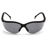 A box of 12 Pyramex Venture II Safety Glasses by Pyramex Safety featuring black wraparound frames and dark UV-protective lenses, shown against a white background.