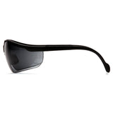 Side view of Pyramex Venture II Safety Glasses by Pyramex Safety, black frame with dark tinted lenses and curved arms, provides enhanced UV and eye protection; 12 glasses per box, displayed on a white background.
