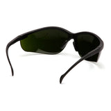 A pair of Pyramex Venture II Welding Safety Glasses SB18_0SF by Pyramex Safety, featuring black wraparound frames and dark green lenses, shown from the back at an angle with arms extended.