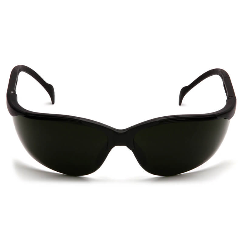 Pyramex Safety Venture II Welding Safety Glasses SB18_0SF, shown from the front on a white background, feature black wraparound frames with dark lenses and provide UV protection. Box of 12.