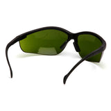 Pyramex Safety Venture II Welding Safety Glasses SB18_0SF feature black frames, dark green scratch-resistant lenses, curved arms, and a slightly curved frame design. Available in a box of 12.
