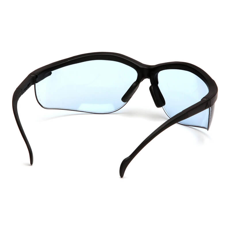 A pair of Pyramex Venture II Infinity Blue Safety Glasses by Pyramex Safety, shown from an angled rear view. The sleek, curved frame with nose pads and wraparound arms offers eye protection and style.