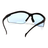 A pair of Pyramex Venture II Infinity Blue Safety Glasses by Pyramex Safety, shown from an angled rear view. The sleek, curved frame with nose pads and wraparound arms offers eye protection and style.