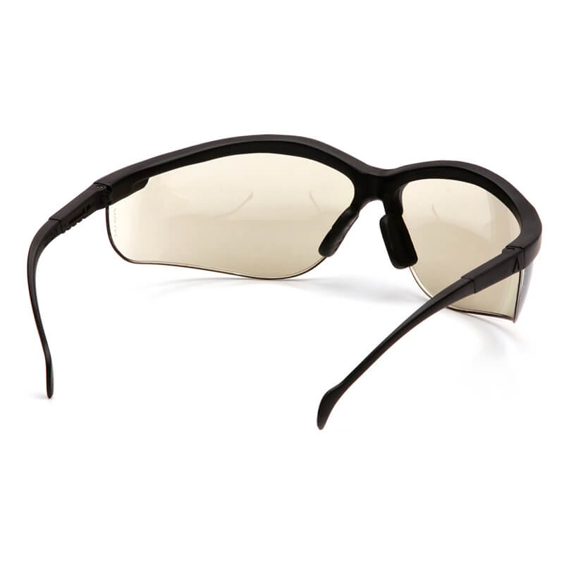 A box of 12 Pyramex Venture II Safety Glasses by Pyramex Safety features black rims and clear, slightly curved lenses for dependable eye protection, displayed from the rear against a white background.