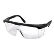 Pyramex Integra Safety Glasses from Pyramex Safety feature a wraparound design for side protection, clear lenses, black frames, adjustable temples, and are ANSI Z87.1 certified for UV protection.