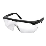 Pyramex Integra Safety Glasses from Pyramex Safety feature a wraparound design for side protection, clear lenses, black frames, adjustable temples, and are ANSI Z87.1 certified for UV protection.