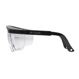 Side view of Pyramex Integra Safety Glasses in black with clear lenses. ANSI Z87.1 certified for reliable UV protection, they offer extra side coverage and slightly curved arms for a secure fit.
