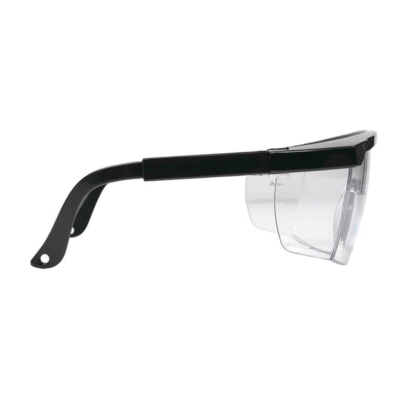 Side view of Pyramex Safety Integra Glasses with black frames, clear wraparound lenses, and adjustable temples for dependable eye protection against debris or splashes. Sold in boxes of 12.