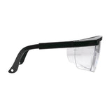 Side view of Pyramex Safety Integra Glasses with black frames, clear wraparound lenses, and adjustable temples for dependable eye protection against debris or splashes. Sold in boxes of 12.