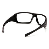 The Pyramex Goliath Safety Glasses, featuring black frames with clear lenses and wraparound arms, are displayed as a perfect addition to your workwear ensemble. Designed by Pyramex Safety, their sleek and solid frame offers optimal eye protection.