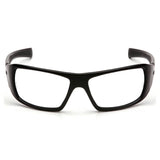 The Pyramex Goliath Safety Glasses by Pyramex Safety, featuring black rectangular frames and clear lenses, are displayed facing forward against a white background, combining style with essential eye protection.