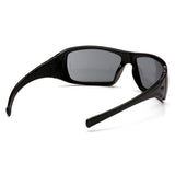 Black wraparound Pyramex Goliath Safety Glasses by Pyramex Safety, shown from a rear side angle on a white background, offer dependable eye protection. Available in boxes of 12.