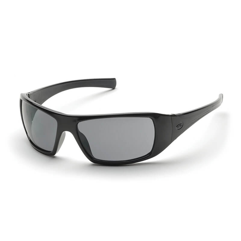 Introducing the Pyramex Goliath Safety Glasses by Pyramex Safety—a pair of sleek, glossy black wraparound sunglasses featuring large rectangular lenses. Their sporty design combines modern style with functionality, providing excellent eye protection for both casual and athletic activities. Ideal for safety glasses enthusiasts, all set against a plain white background.