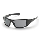 Introducing the Pyramex Goliath Safety Glasses by Pyramex Safety—a pair of sleek, glossy black wraparound sunglasses featuring large rectangular lenses. Their sporty design combines modern style with functionality, providing excellent eye protection for both casual and athletic activities. Ideal for safety glasses enthusiasts, all set against a plain white background.