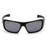 A pair of Pyramex Safety Goliath Safety Glasses (12/box) with dark tinted lenses and a wraparound design, shown from the front on a white background.