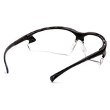 Pyramex Venture 3 Safety Glasses SB57 by Pyramex Safety feature a black semi-rimless frame, clear UV-protective lenses, blue-tipped arms, adjustable nose pads, and a lightweight curved design for comfort. Sold 12 per box.