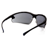 Pyramex Venture 3 Safety Glasses SB57 by Pyramex Safety feature a sleek black wraparound frame, dark tinted lenses for UV protection, and are shown from a rear angled view. Each box contains 12 pairs.