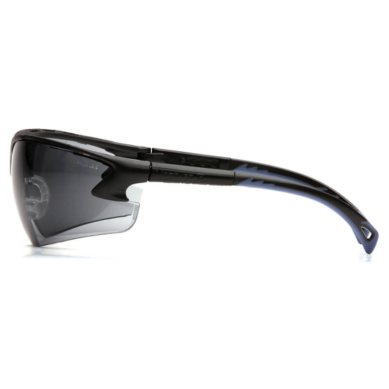 Side view of Pyramex Venture 3 Safety Glasses SB57 by Pyramex Safety, featuring a sporty black semi-rimless wraparound frame, dark tinted lenses, and thick curved arms for a secure fit and UV protection. Pack of 12 per box.
