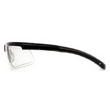 Pyramex Ever-lite Anti-fog Safety Glasses SB86_ _DT by Pyramex Safety feature black rims, clear lenses, and impact protection; shown in a side view on a white background.